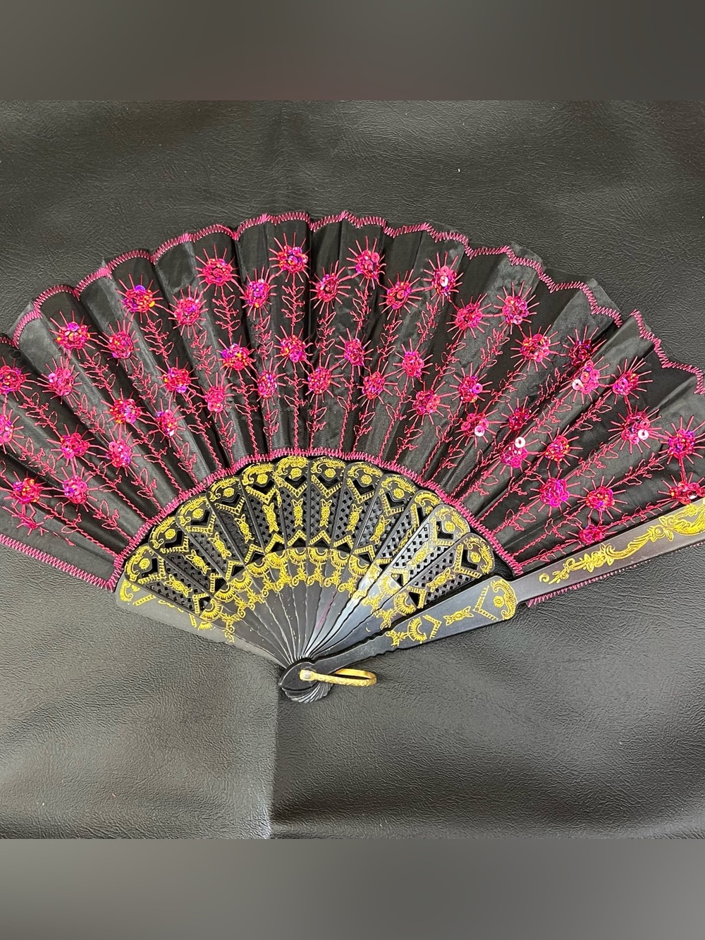 Black & Pink Embroidered Lace Hand Fan